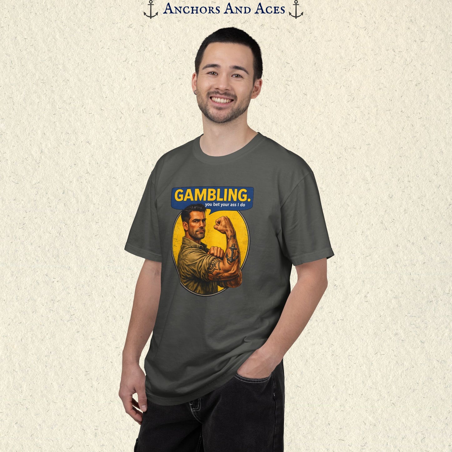 Gambling T-shirt | Retro Strongman Illustration - Front Imprint